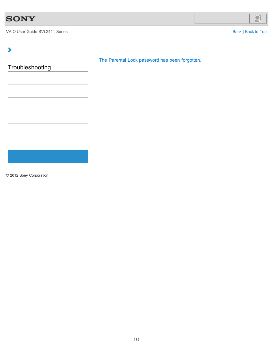 Troubleshooting | Sony SVL241190X User Manual | Page 432 / 522