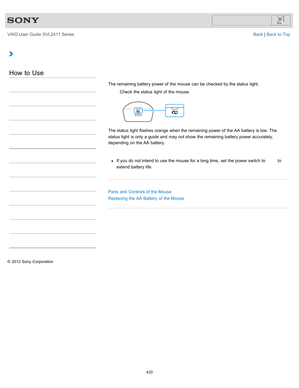 Details, Checking the remaining battery power of the mouse, How to use | Sony SVL241190X User Manual | Page 433 / 522