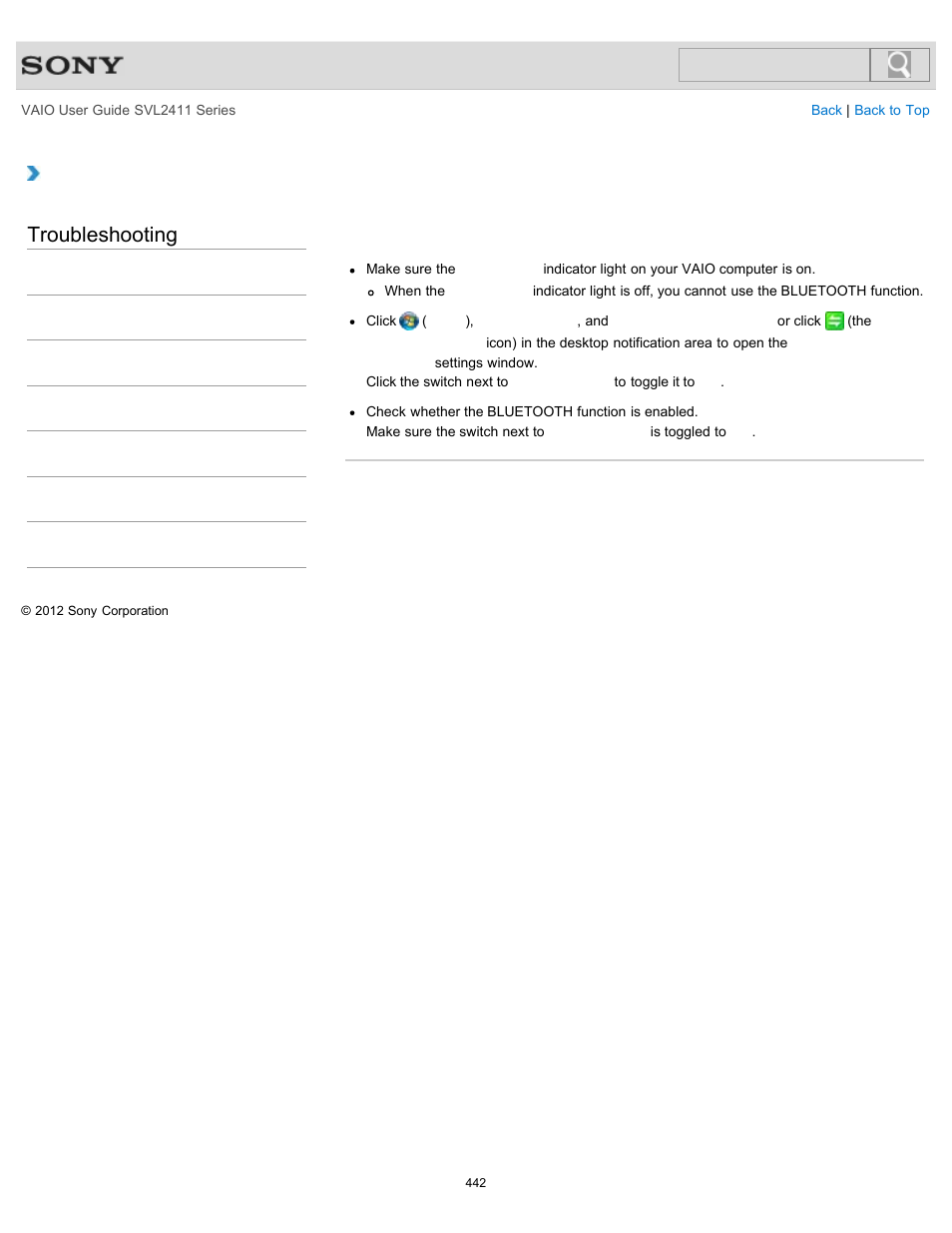 Troubleshooting | Sony SVL241190X User Manual | Page 442 / 522