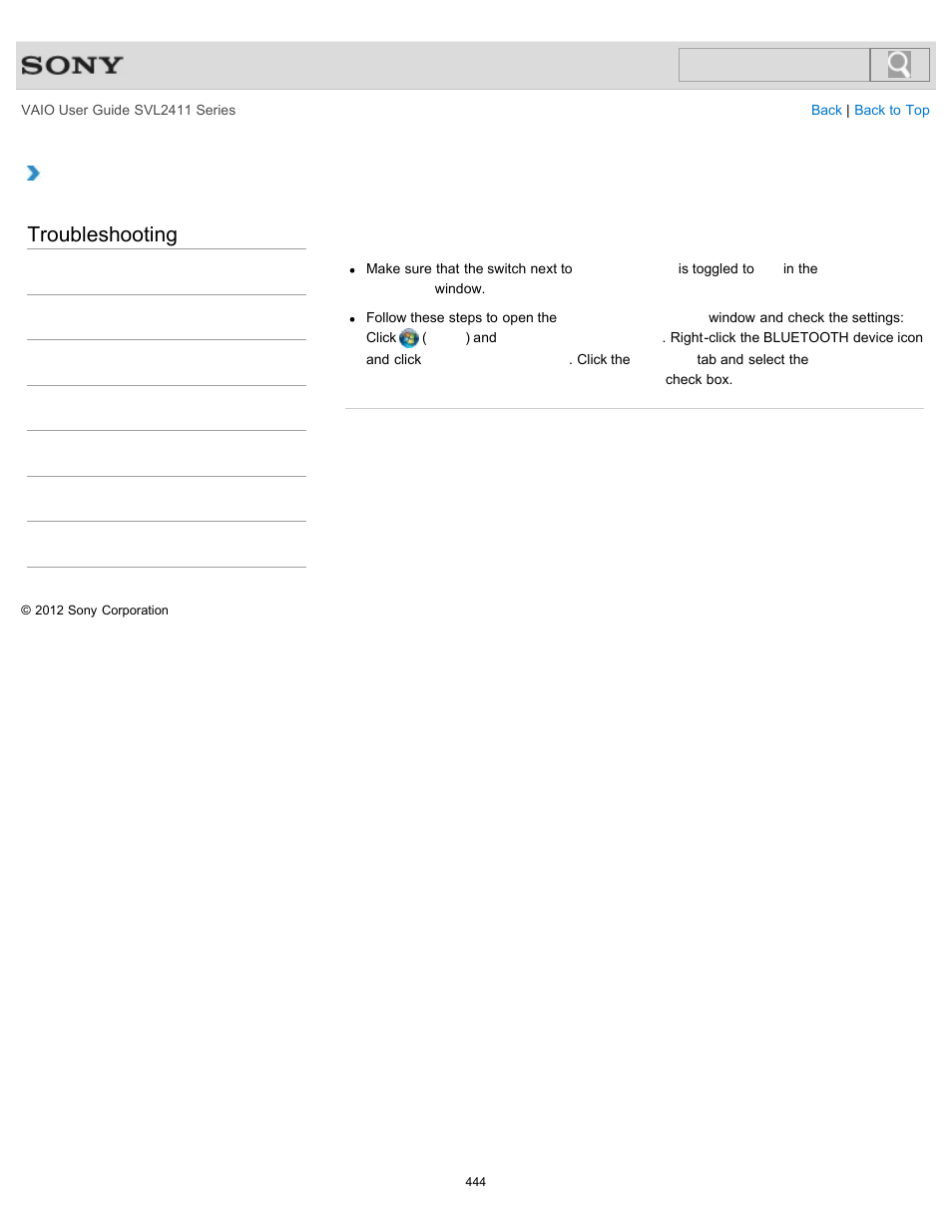 Notification area, Troubleshooting | Sony SVL241190X User Manual | Page 444 / 522