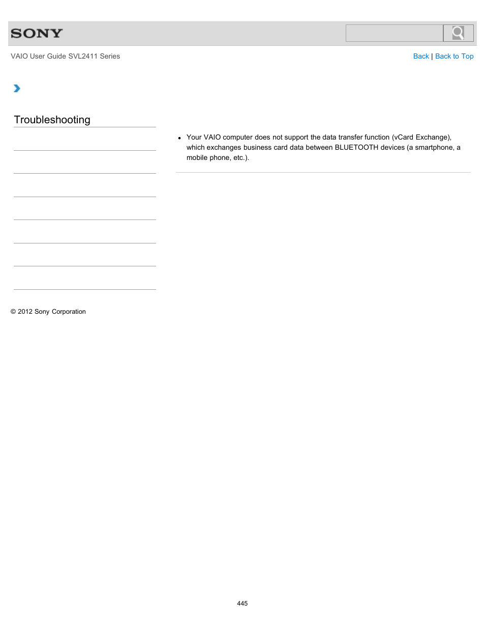 Phone, Troubleshooting | Sony SVL241190X User Manual | Page 445 / 522