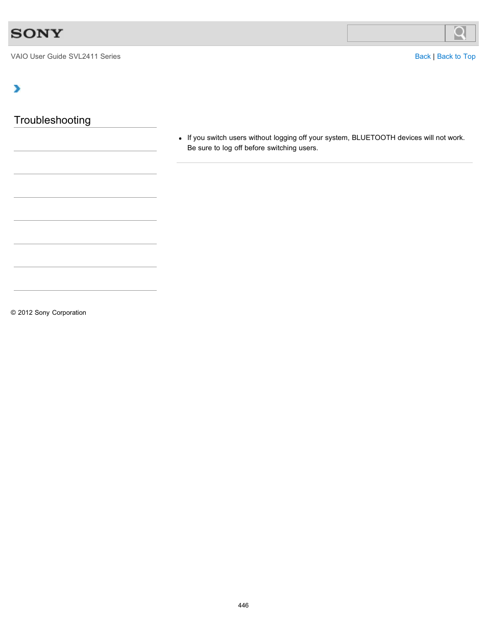 Troubleshooting | Sony SVL241190X User Manual | Page 446 / 522