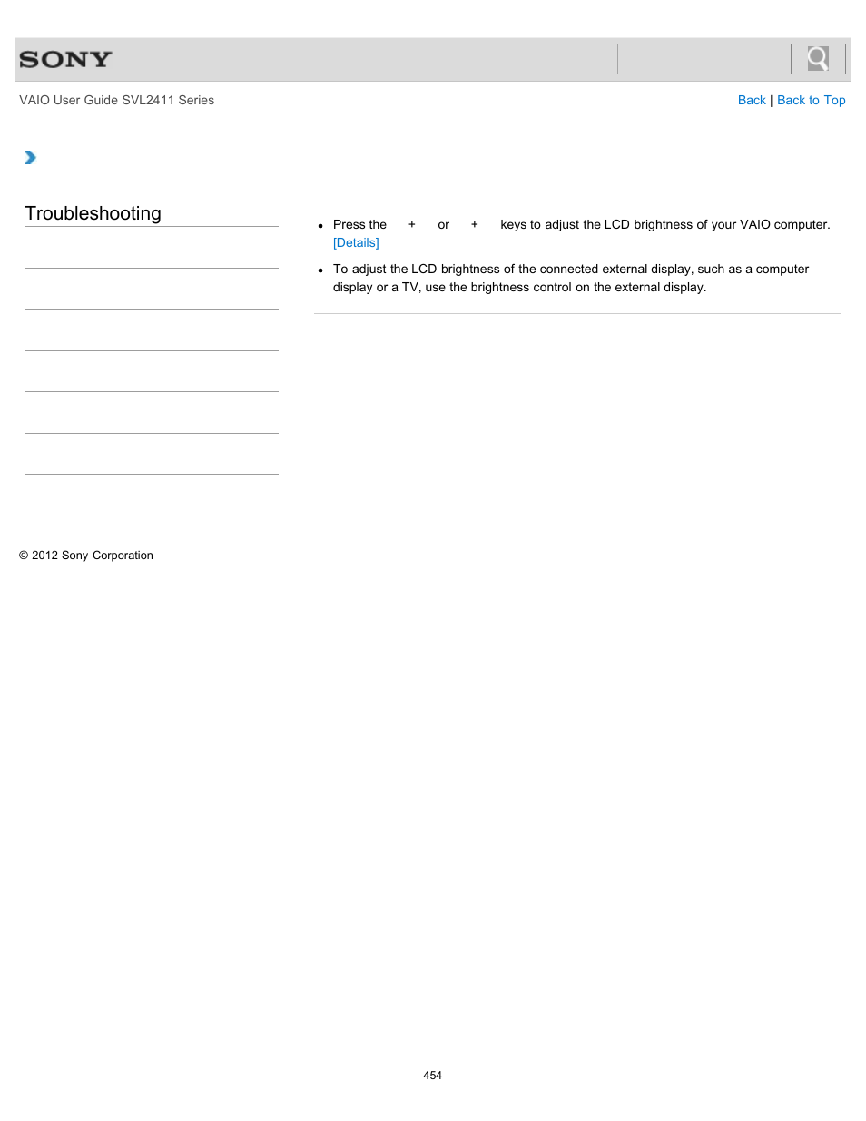 How do i change the lcd brightness, Troubleshooting | Sony SVL241190X User Manual | Page 454 / 522