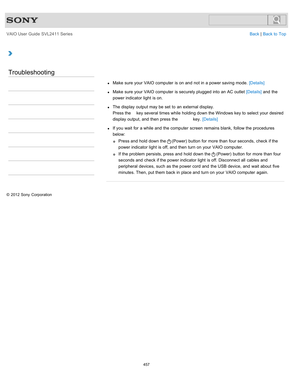 What should i do if my computer screen goes blank, Troubleshooting | Sony SVL241190X User Manual | Page 457 / 522