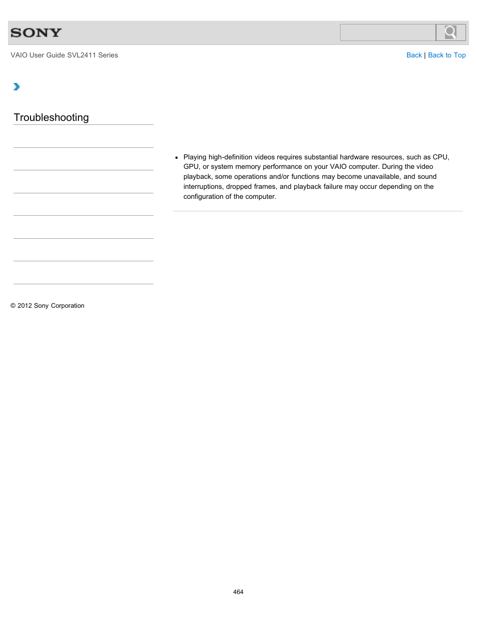 Camcorder, Troubleshooting | Sony SVL241190X User Manual | Page 464 / 522