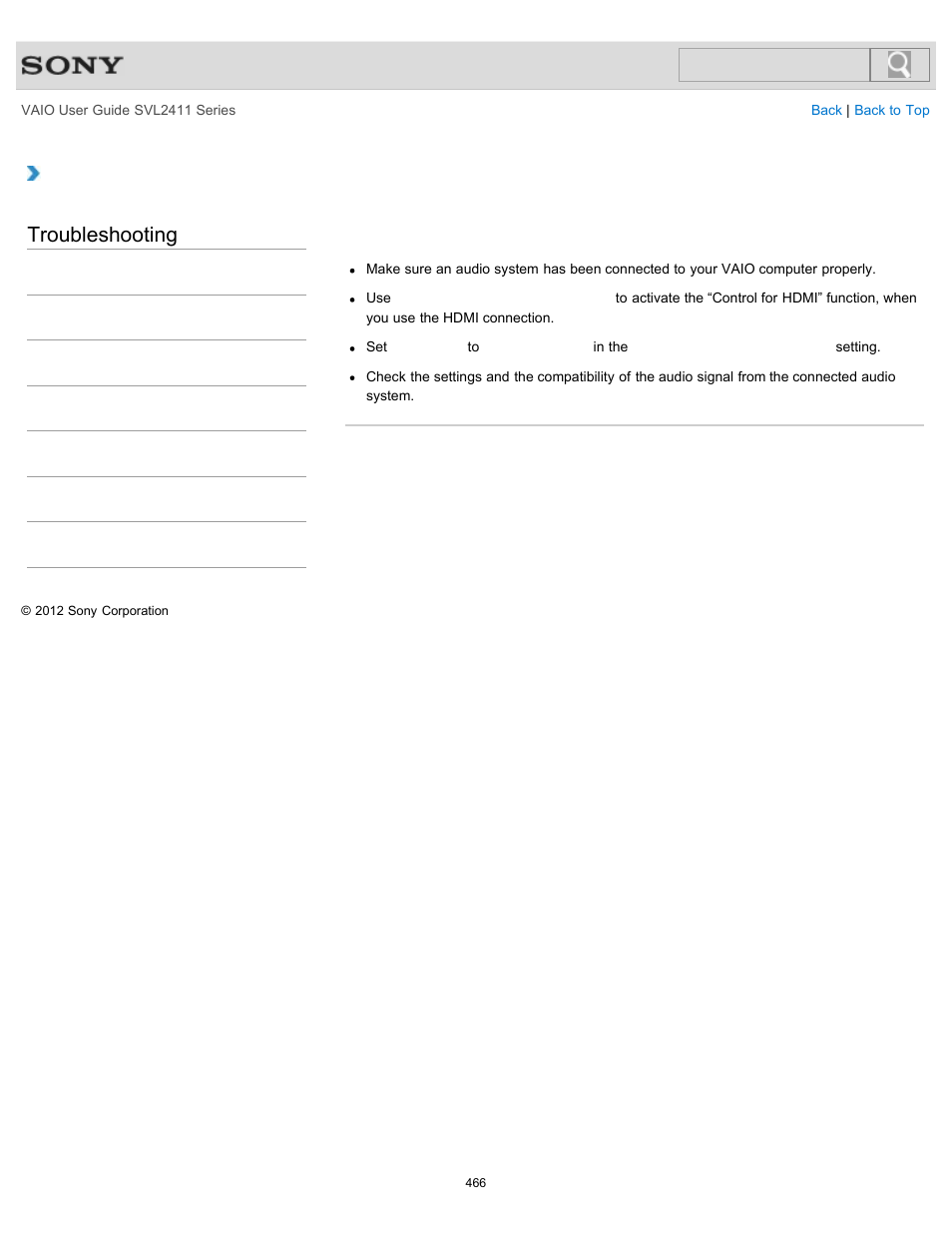 Troubleshooting | Sony SVL241190X User Manual | Page 466 / 522