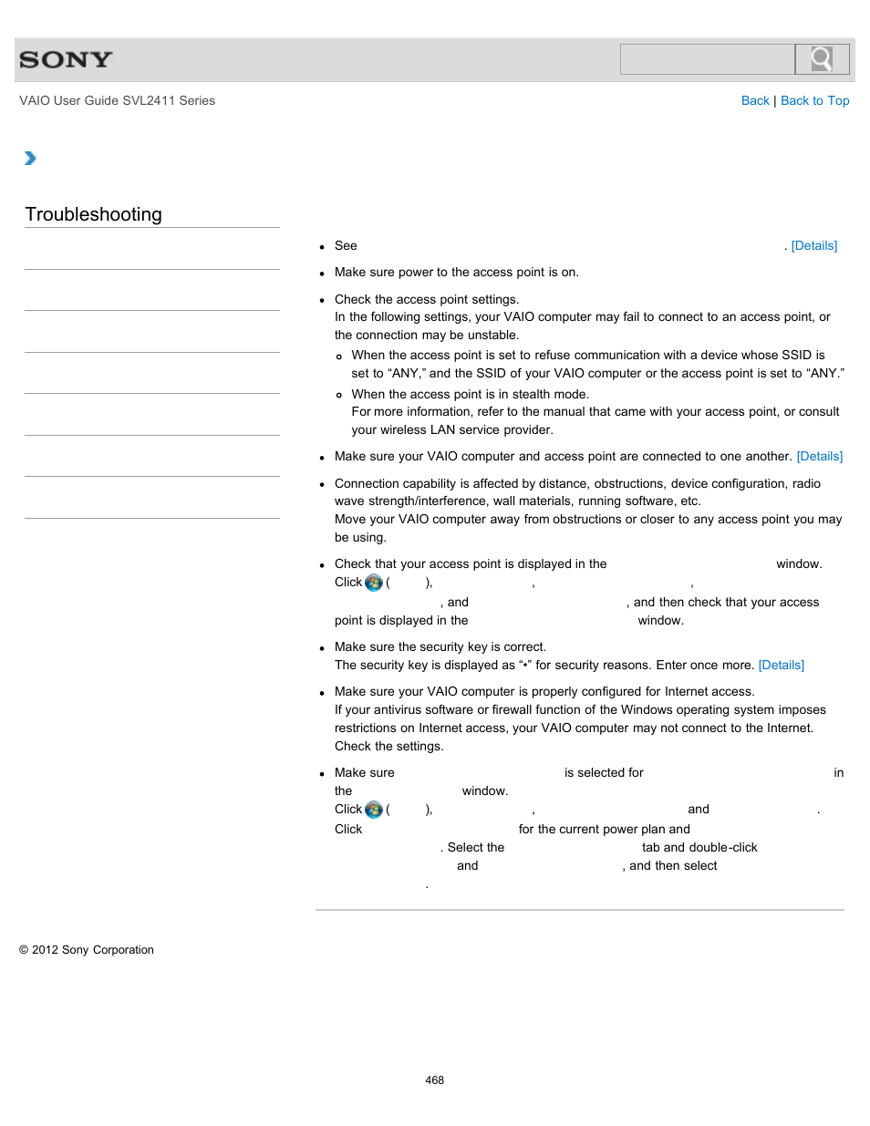 The internet), Troubleshooting | Sony SVL241190X User Manual | Page 468 / 522