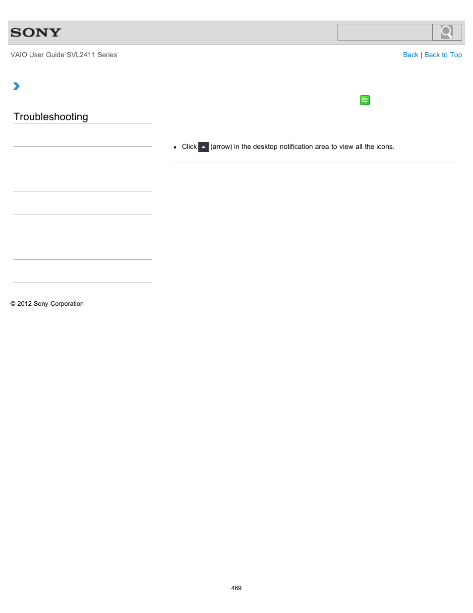 Notification area, Troubleshooting | Sony SVL241190X User Manual | Page 469 / 522