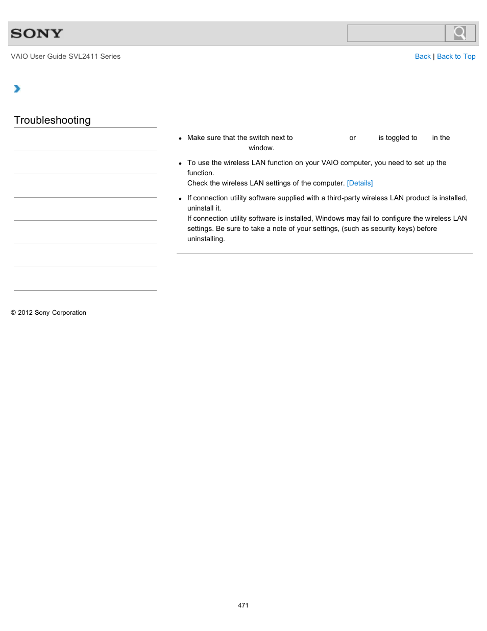 Details, Troubleshooting | Sony SVL241190X User Manual | Page 471 / 522