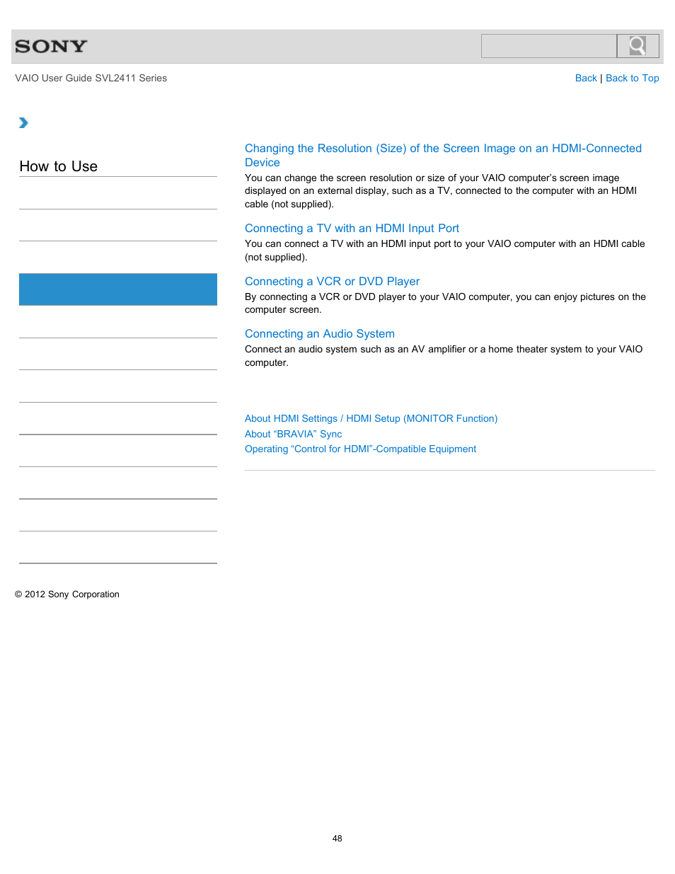 Hdmi, How to use | Sony SVL241190X User Manual | Page 48 / 522