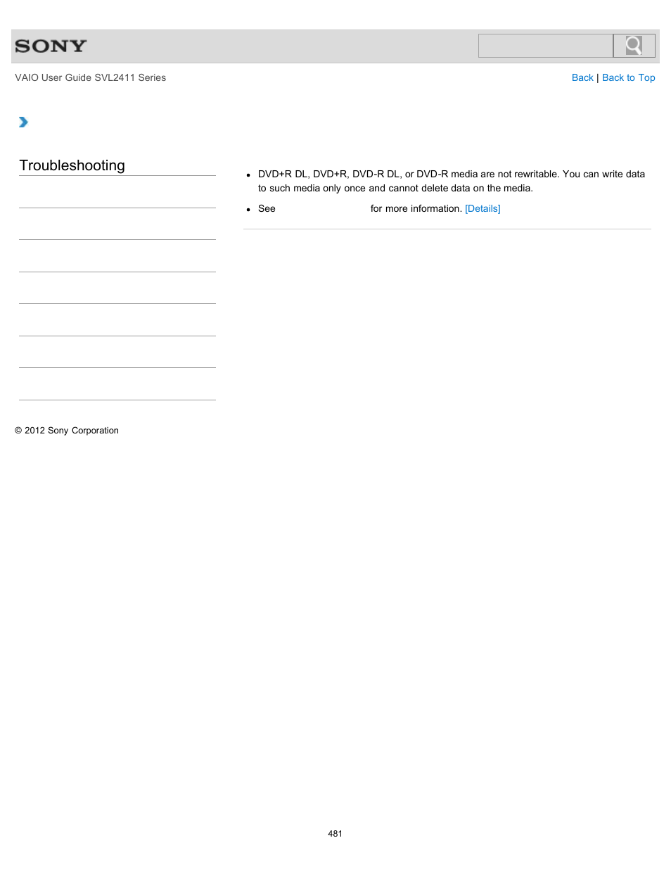 Why can’t i write data to a disc, Troubleshooting | Sony SVL241190X User Manual | Page 481 / 522