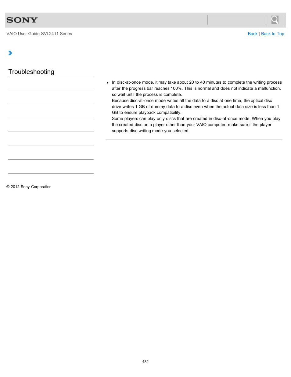 Troubleshooting | Sony SVL241190X User Manual | Page 482 / 522