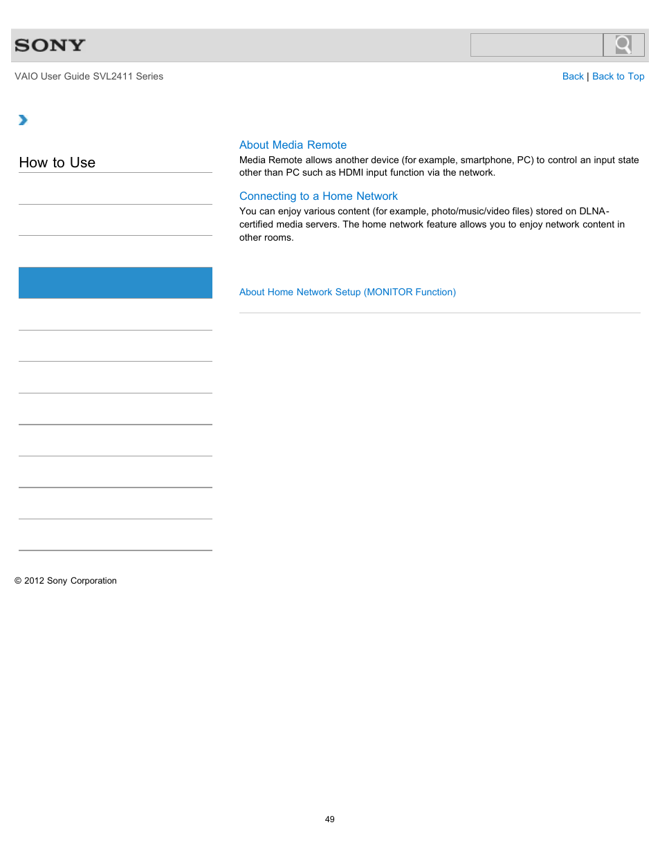 Home network, How to use | Sony SVL241190X User Manual | Page 49 / 522