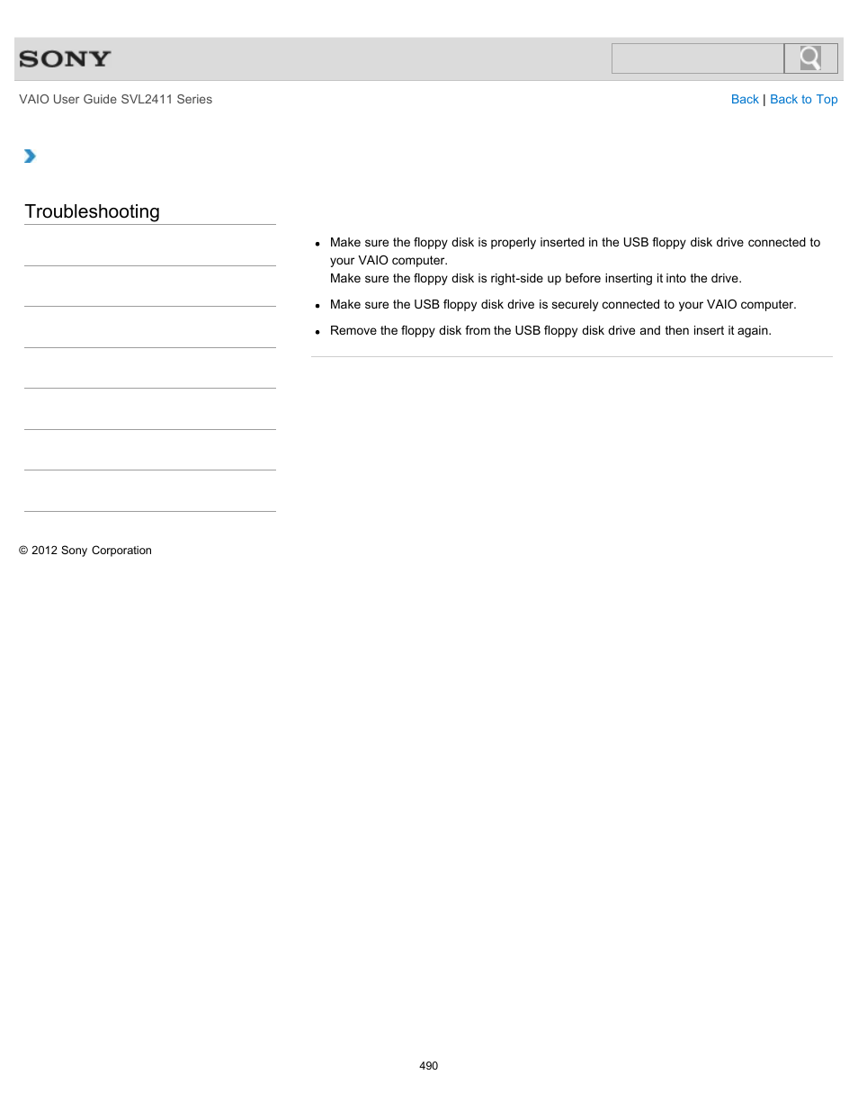 Troubleshooting | Sony SVL241190X User Manual | Page 490 / 522