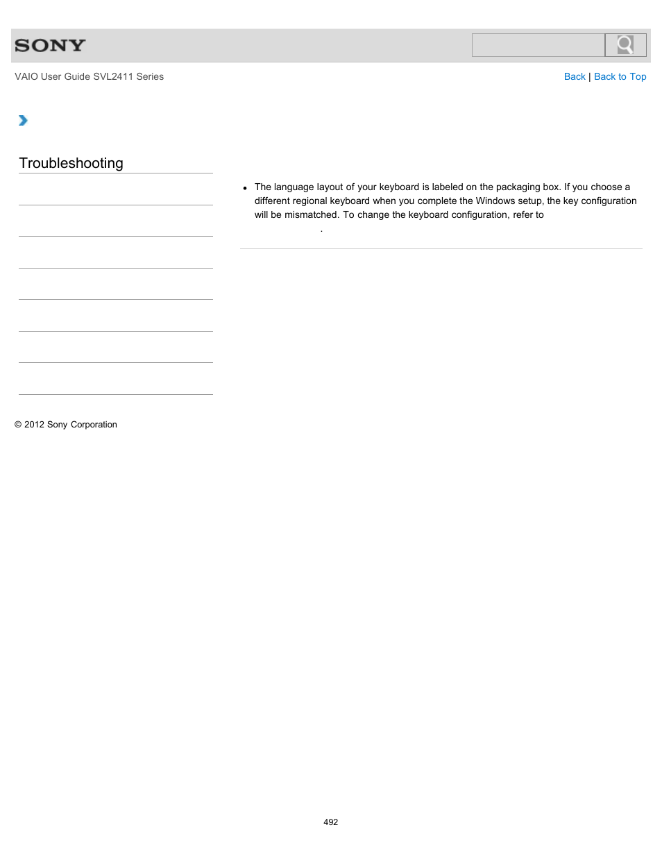 Troubleshooting | Sony SVL241190X User Manual | Page 492 / 522