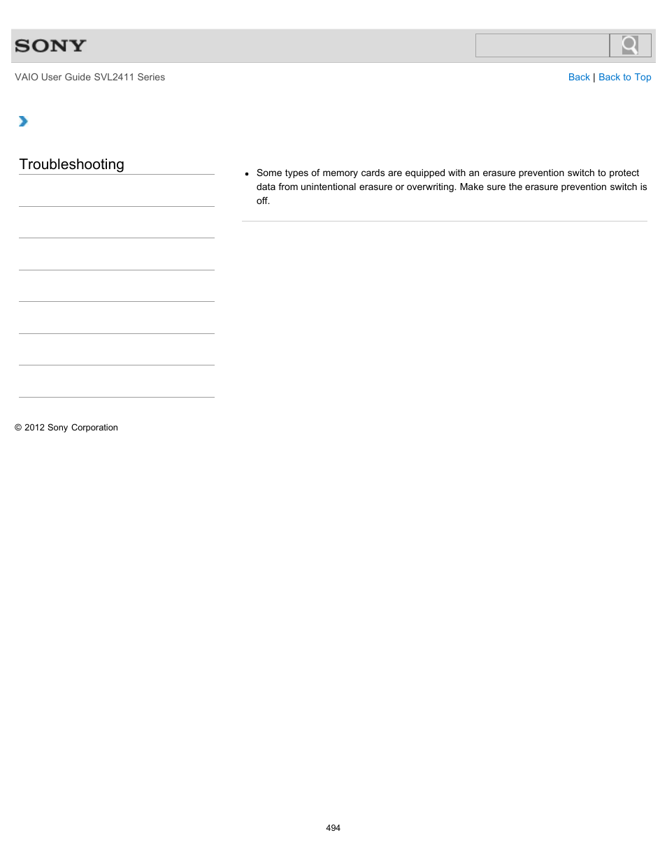 Why can’t i write data to a memory card, Troubleshooting | Sony SVL241190X User Manual | Page 494 / 522