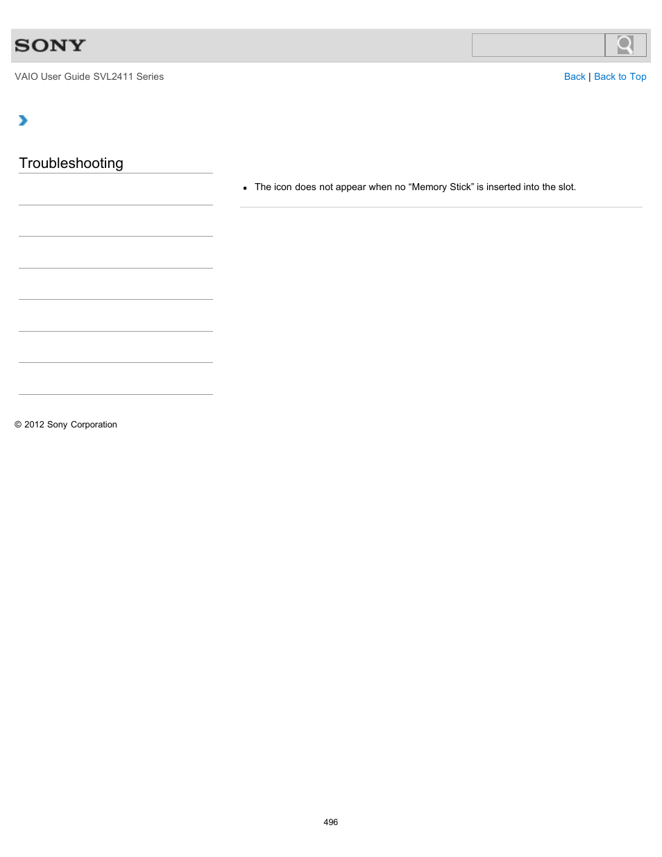 Troubleshooting | Sony SVL241190X User Manual | Page 496 / 522