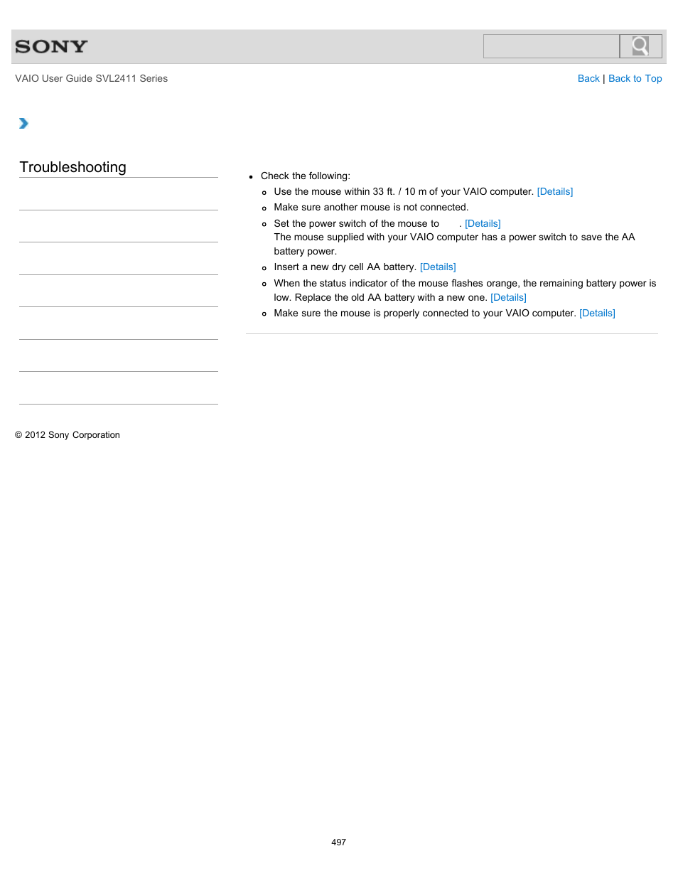 What should i do if the mouse does not work, Troubleshooting | Sony SVL241190X User Manual | Page 497 / 522