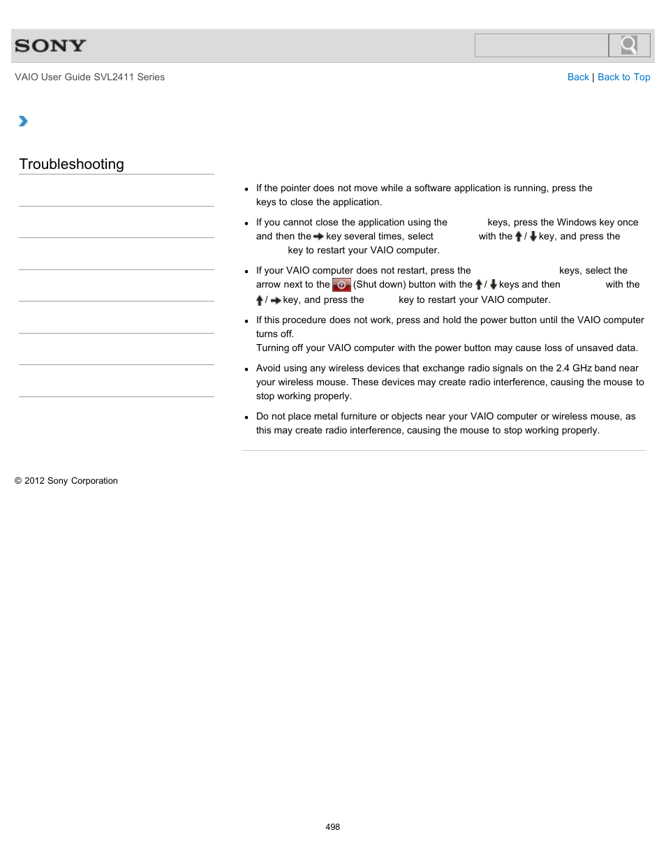 Troubleshooting | Sony SVL241190X User Manual | Page 498 / 522