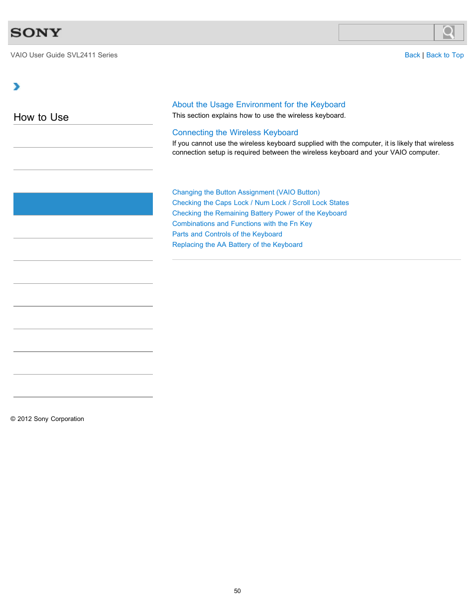 Keyboard, How to use | Sony SVL241190X User Manual | Page 50 / 522