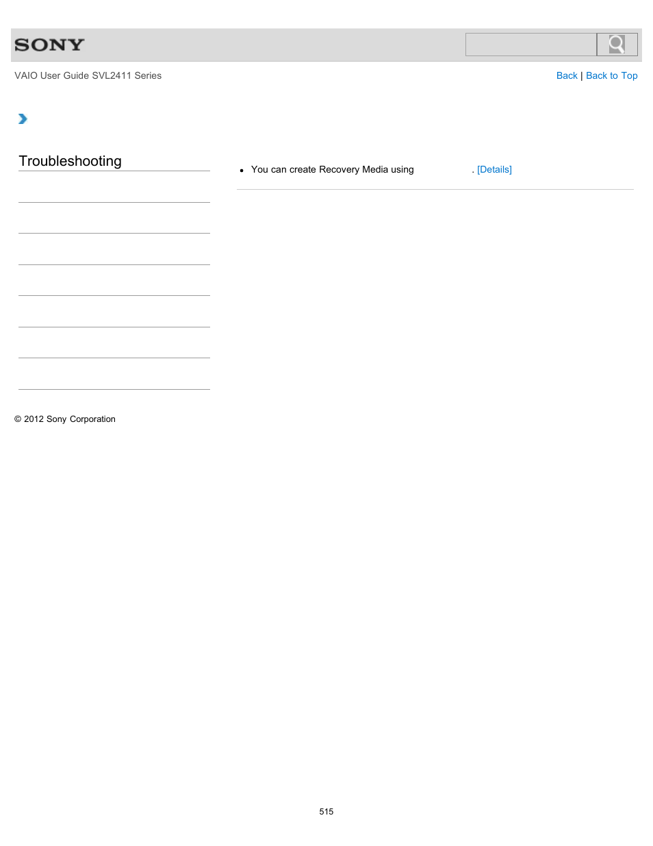How do i create recovery media, Troubleshooting | Sony SVL241190X User Manual | Page 515 / 522