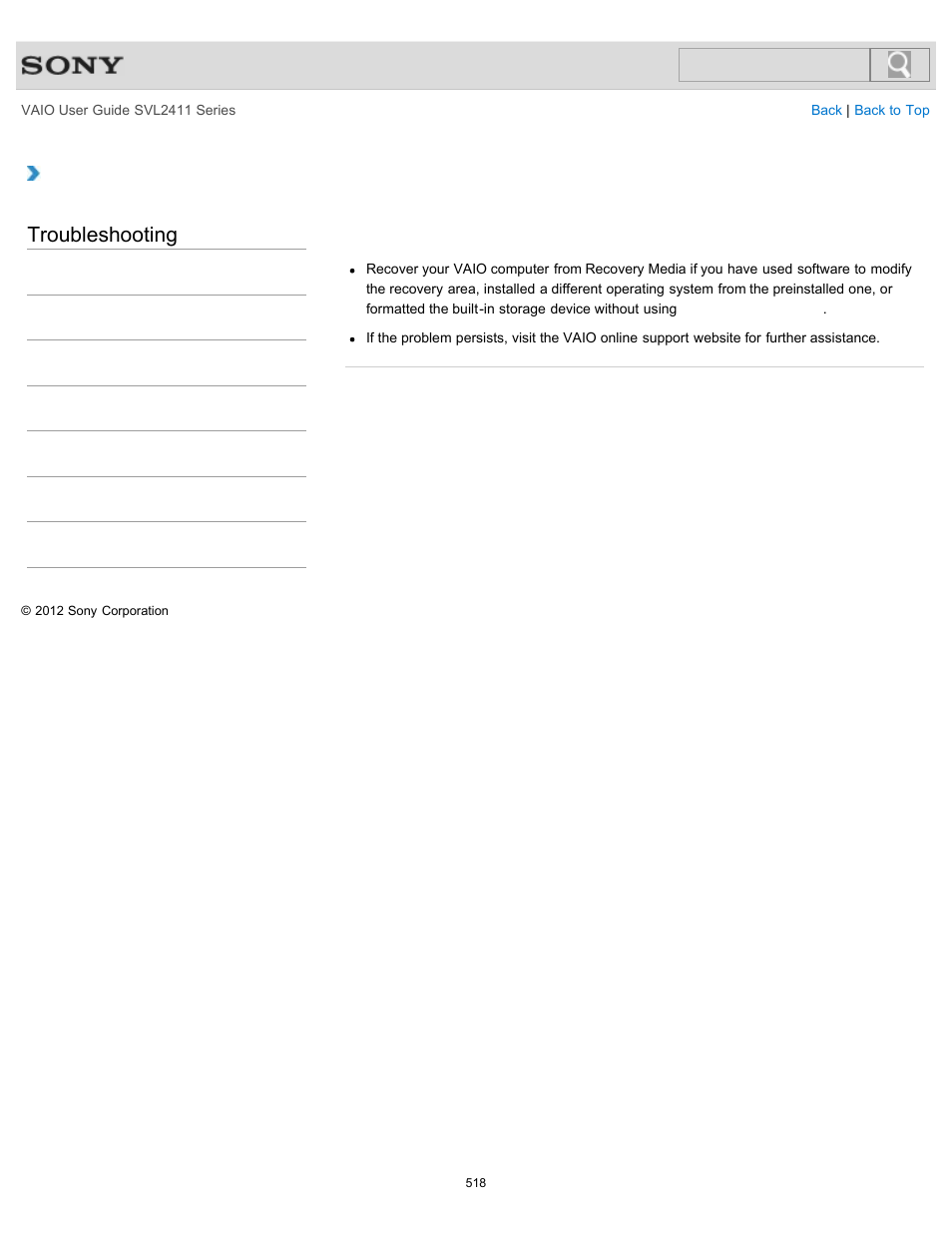 Area, Troubleshooting | Sony SVL241190X User Manual | Page 518 / 522