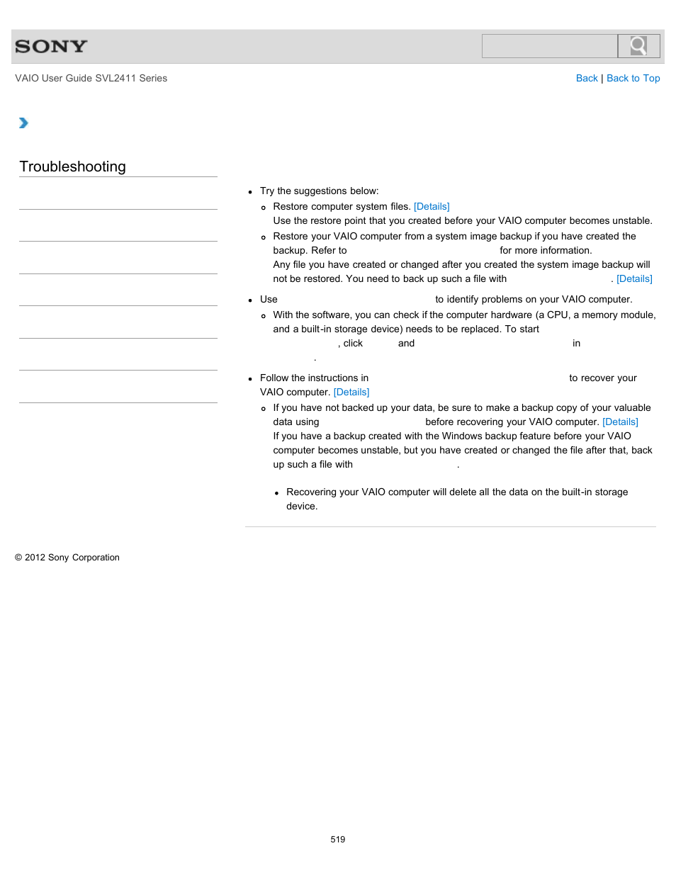 Start), Troubleshooting | Sony SVL241190X User Manual | Page 519 / 522