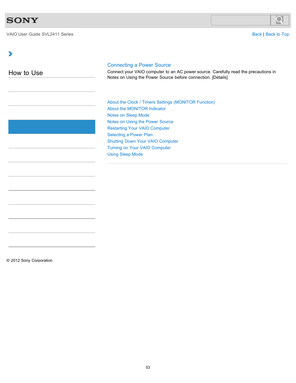 Power, How to use | Sony SVL241190X User Manual | Page 53 / 522