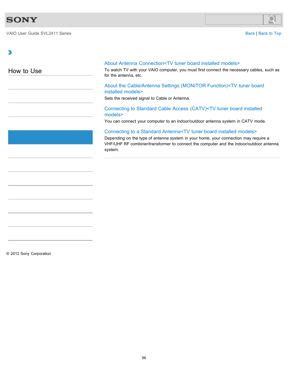 Antenna, How to use | Sony SVL241190X User Manual | Page 56 / 522