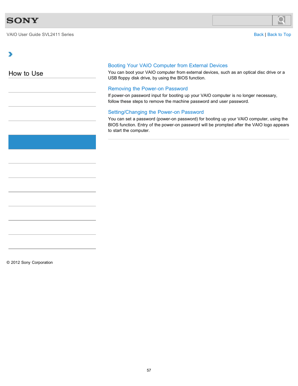 Bios, How to use | Sony SVL241190X User Manual | Page 57 / 522