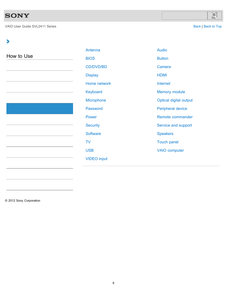 Settings, How to use | Sony SVL241190X User Manual | Page 6 / 522