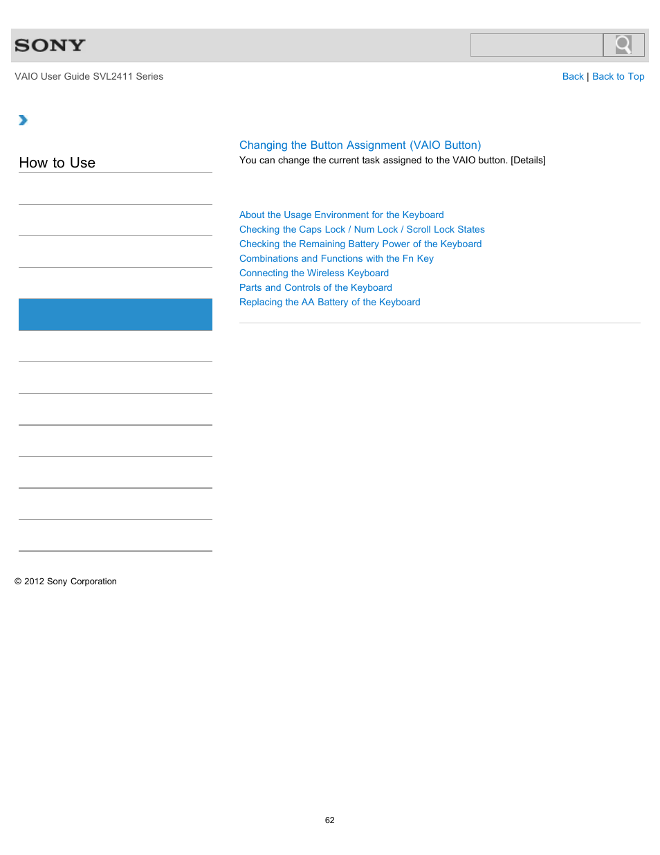 Keyboard, How to use | Sony SVL241190X User Manual | Page 62 / 522