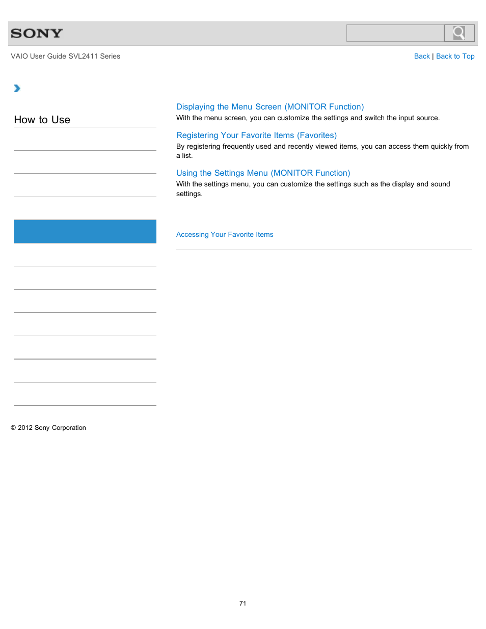 Video input, How to use | Sony SVL241190X User Manual | Page 71 / 522