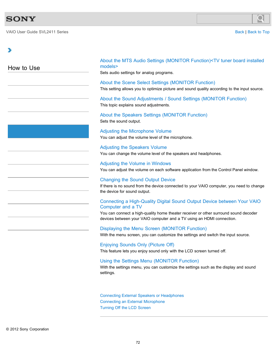 Audio, How to use | Sony SVL241190X User Manual | Page 72 / 522