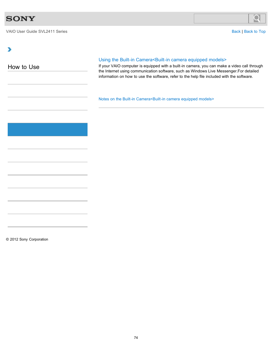 Camera, How to use | Sony SVL241190X User Manual | Page 74 / 522