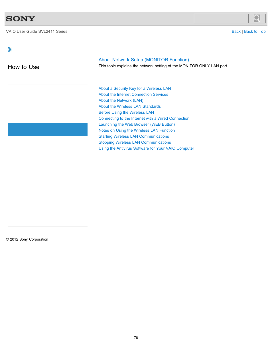 Internet, How to use | Sony SVL241190X User Manual | Page 76 / 522