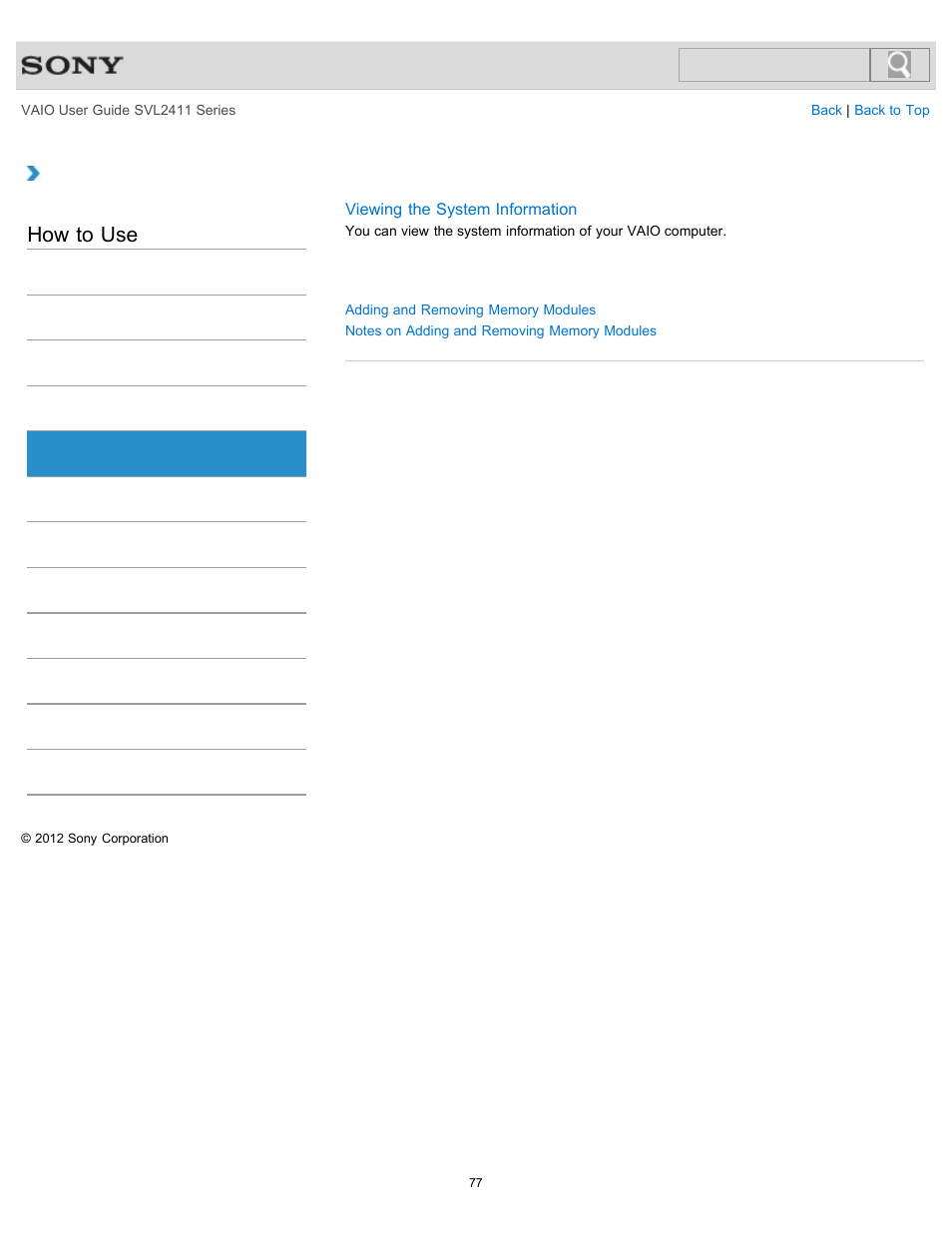 Memory module, How to use | Sony SVL241190X User Manual | Page 77 / 522