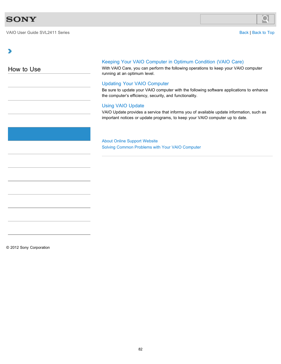 Service and support, How to use | Sony SVL241190X User Manual | Page 82 / 522