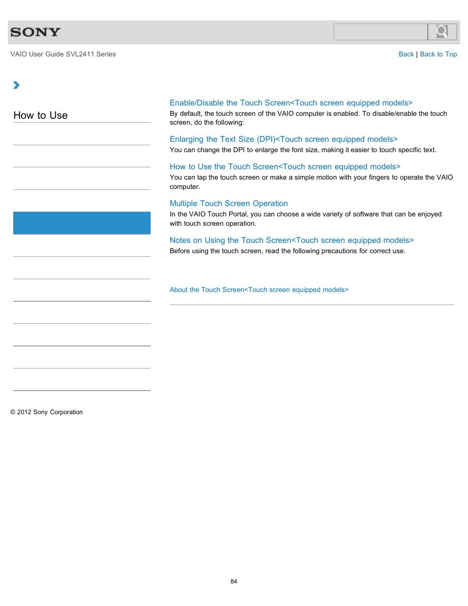 Touch panel, How to use | Sony SVL241190X User Manual | Page 84 / 522