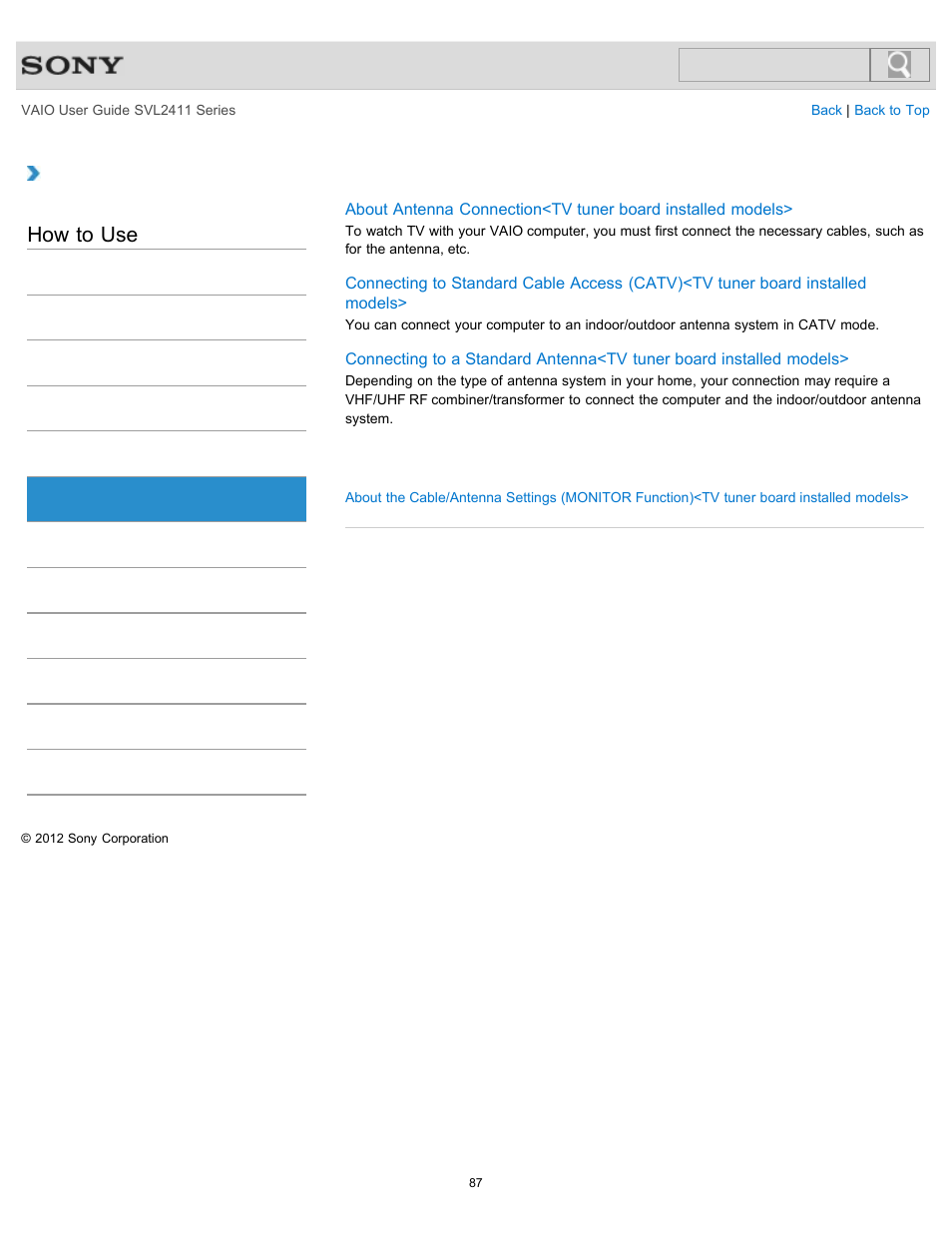 Antenna, How to use | Sony SVL241190X User Manual | Page 87 / 522