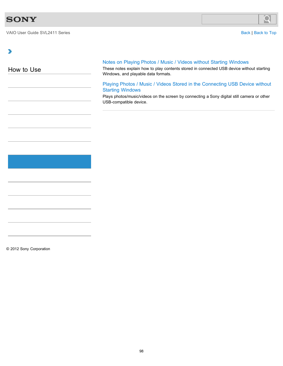 Photo, How to use | Sony SVL241190X User Manual | Page 98 / 522