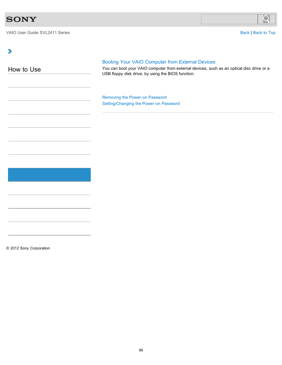 Bios, How to use | Sony SVL241190X User Manual | Page 99 / 522