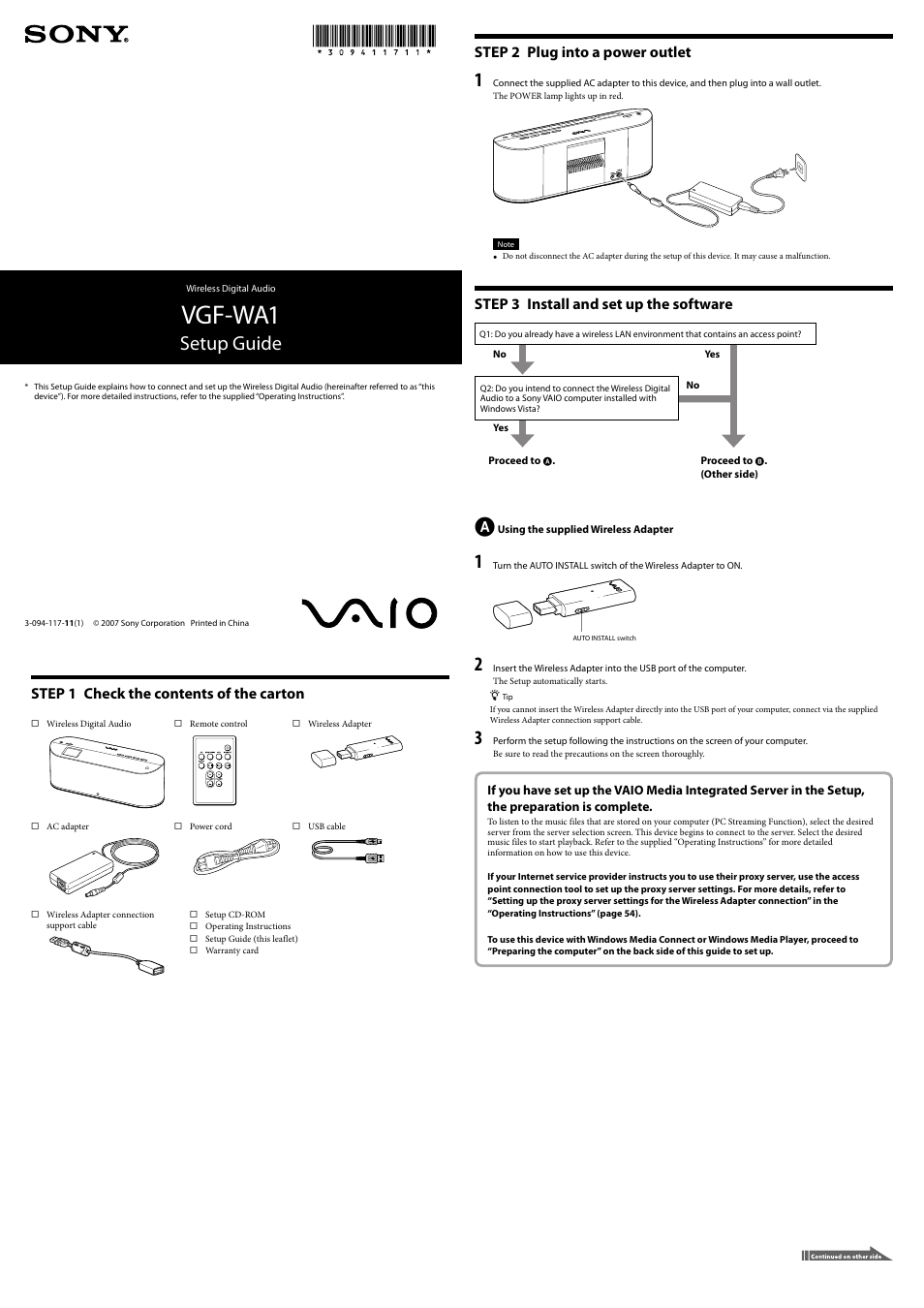 Sony VGF-WA1 User Manual | 2 pages