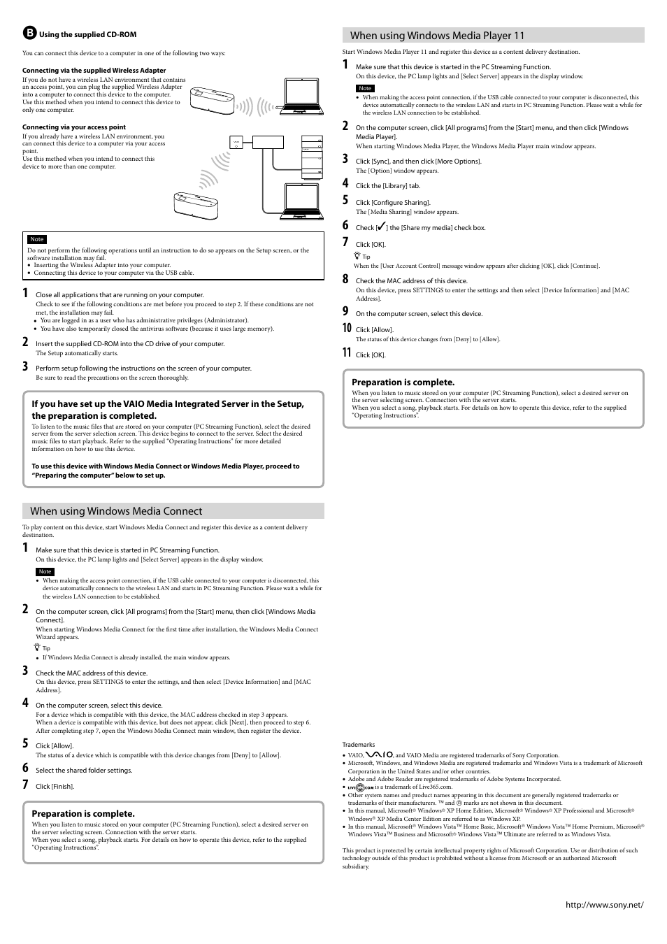 When using windows media connect, When using windows media player 11 | Sony VGF-WA1 User Manual | Page 2 / 2