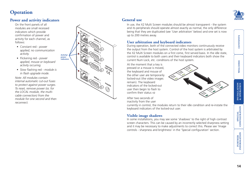 Operation, Power and activity indicators, General use | User arbitration and keyboard indicators, Visible image shadows, 14 general use, 14 visible image shadows | Adder Technology X2 User Manual | Page 15 / 31