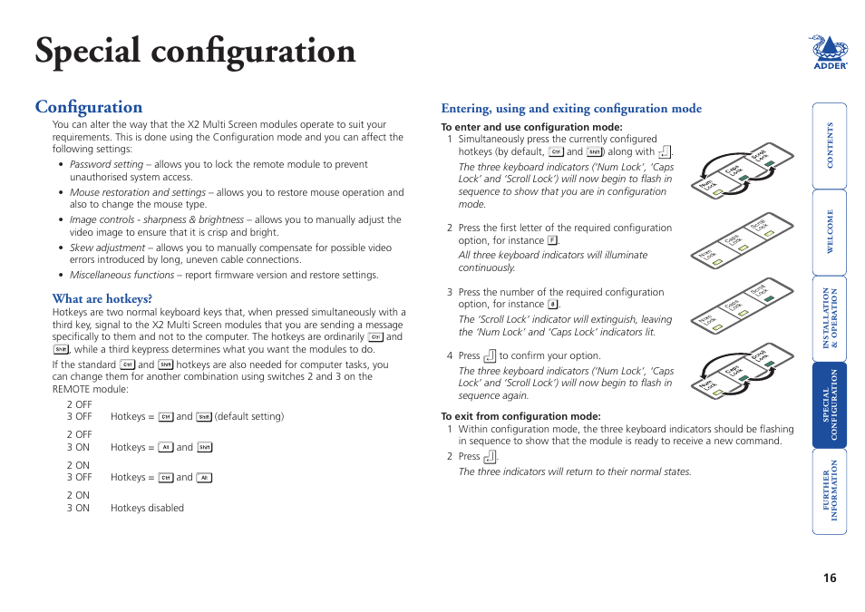 Special configuration, Configuration, What are hotkeys | Entering, using and exiting configuration mode, 16 entering, using and exiting configuration mode | Adder Technology X2 User Manual | Page 17 / 31