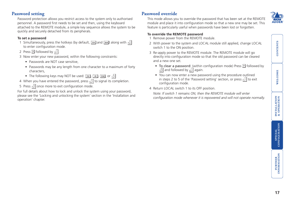 Password setting, Password override, 17 password override | Adder Technology X2 User Manual | Page 18 / 31