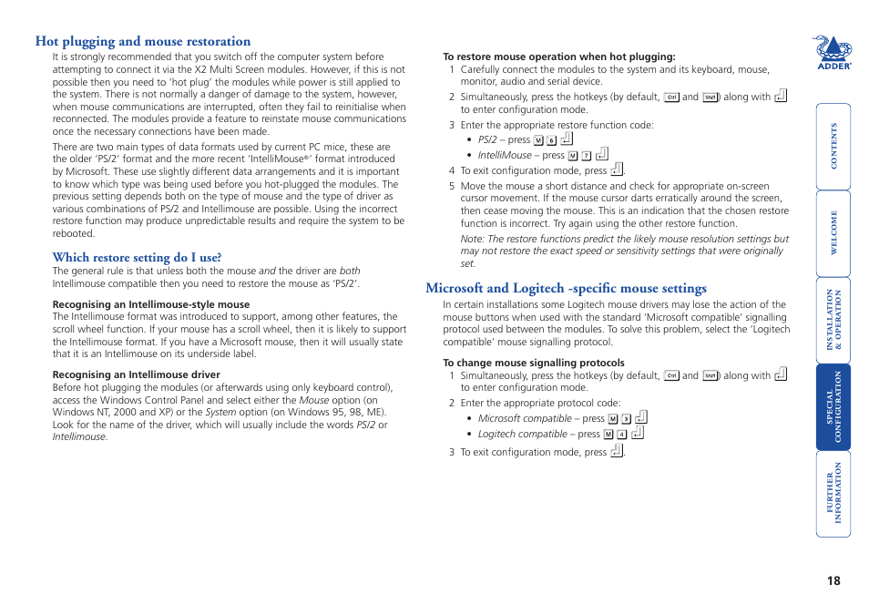 Hot plugging and mouse restoration, Which restore setting do i use, Microsoft and logitech -specific mouse settings | Adder Technology X2 User Manual | Page 19 / 31