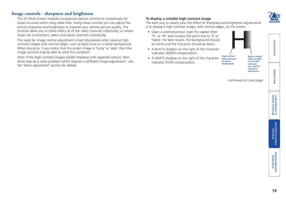 Image controls - sharpness and brightness | Adder Technology X2 User Manual | Page 20 / 31