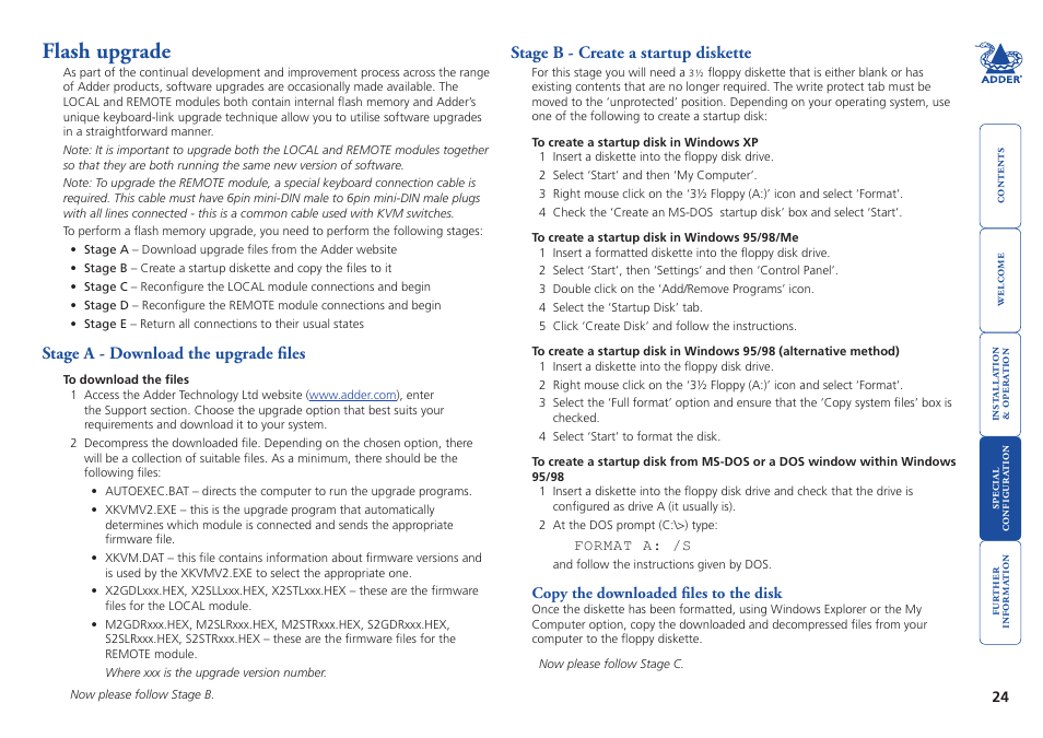 Flash upgrade, Stage a - download the upgrade files, Stage b - create a startup diskette | 24 stage b - create a startup diskette | Adder Technology X2 User Manual | Page 25 / 31